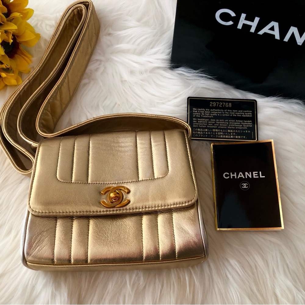 Authentic Chanel lambskin gold leather shoulder bag